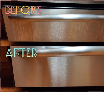 reviewer before and after photos showing a streaky looking stainless steel oven, and then the oven looking shiny and streak-free