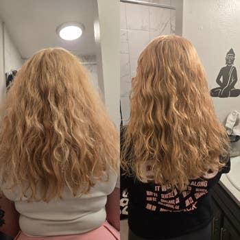 Two side-by-side photos showing the backmost  of a person's wavy agelong  hair, highlighting measurement   and texture differences