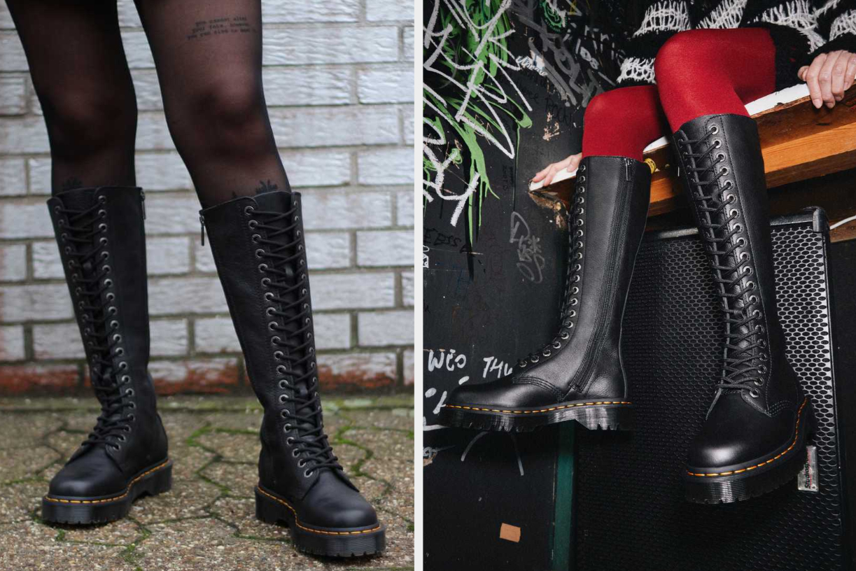 Two images of models wearing black boots
