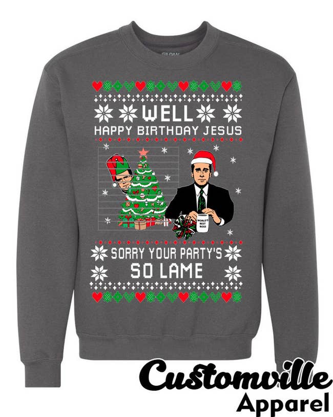 A sweater with Michael Scott and Dwight Schrute from The Office that reads 