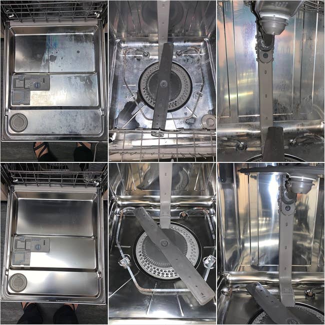 Collage showing a dishwasher interior going from soiled to clean
