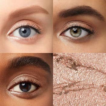  three models with the champagne eyeshadow on lid and below eye