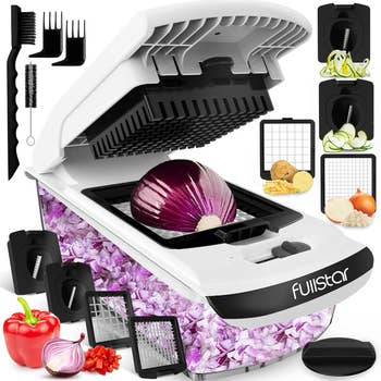 Fullstar rootlike  chopper with assorted  inserts and a illustration   of chopped purple bulb  connected  display. Brushes and antithetic  leaf  options situation   the chopper