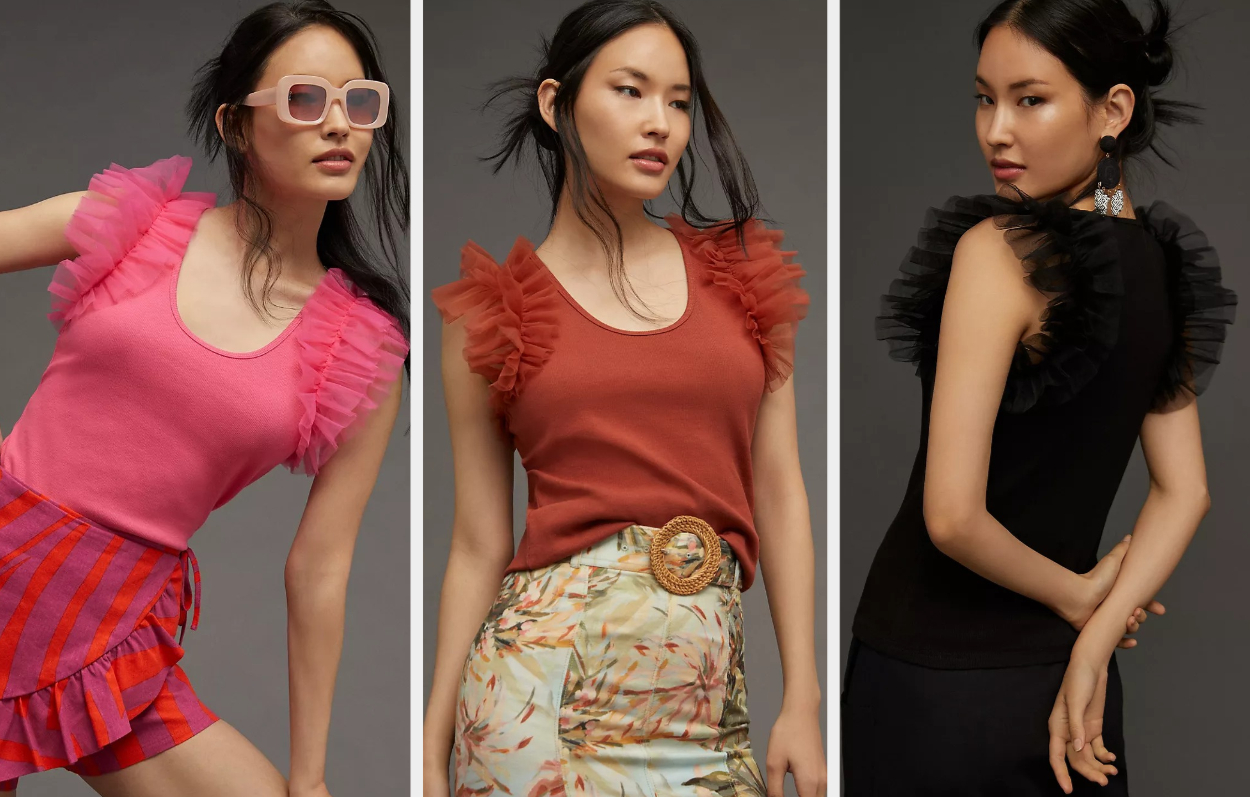 Three images of a model wearing pink, red, and black tops