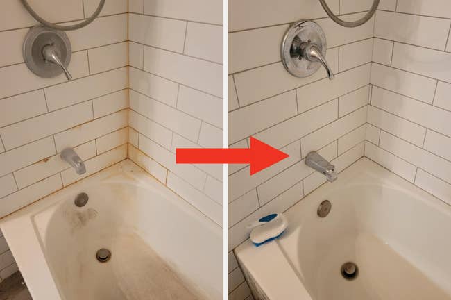 Before and after images of a bathtub corner, showcasing the effectiveness of a cleaning product