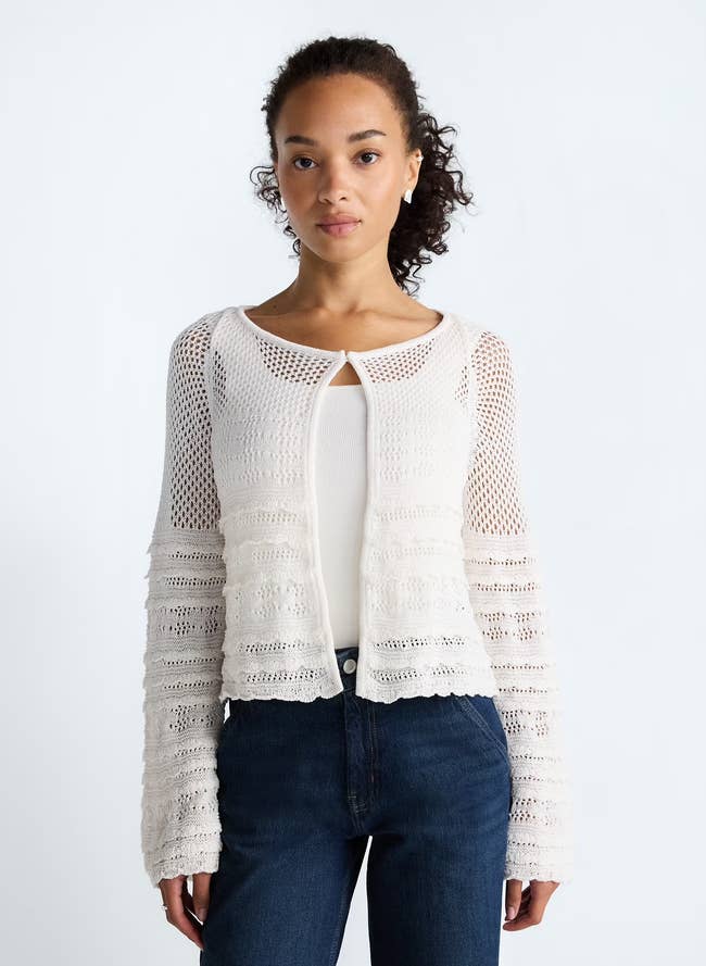 A exemplary wearing the cardigan