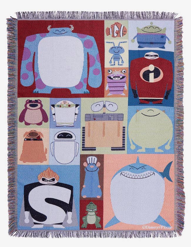 fringed tapestry with smiley buzz, bruce, lotso, syndrome, remy, dug, eve, mike, sully boo, nemo, flick, rex, and the alien