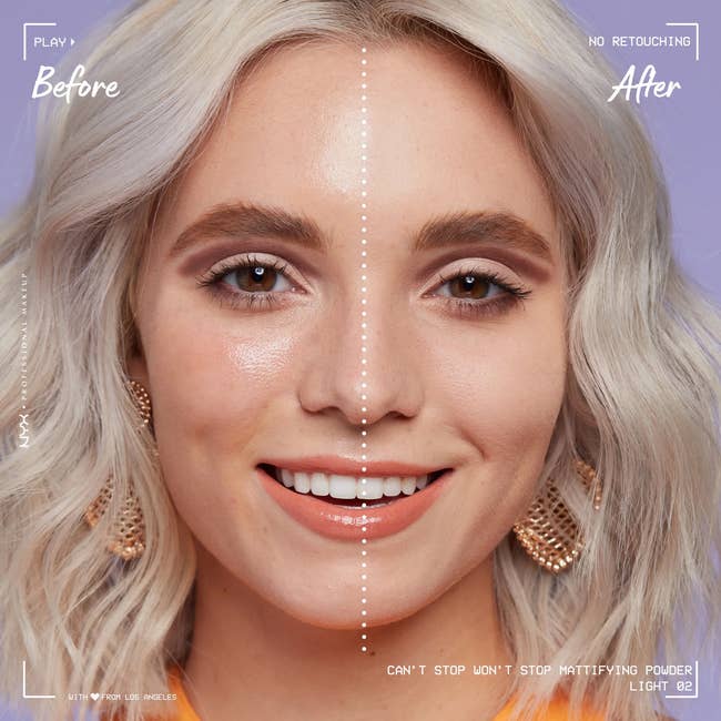 Side-by-side comparison of a smiling model with and without mattifying powder. Text reads: 