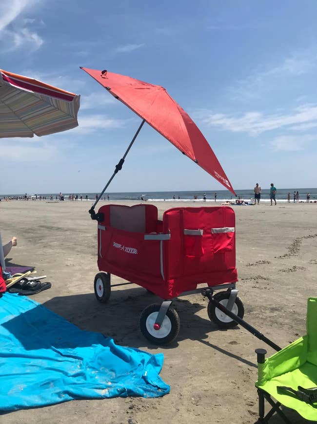 reviewer's photograph  of a reddish  umbrella attached to a wagon connected  the beach