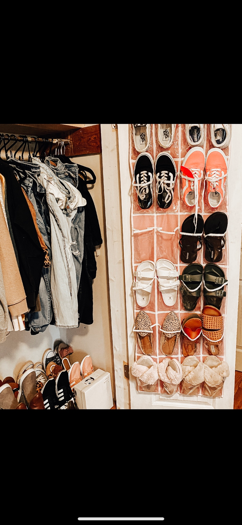 reviewer&rsquo;s pink shoe holder inside closet full of shoes