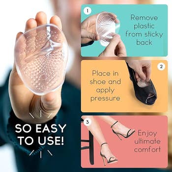 Instructions for using a shoe comfort gel pad: Peel, insert in shoe, and enjoy comfort