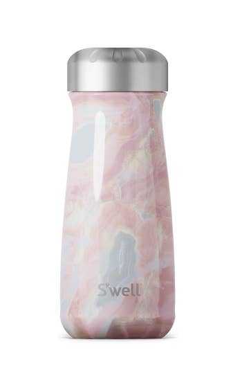 A geode rose-colored insulated travel bottle with a twist-off cap