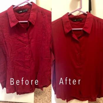 Reviewer before and after photo of a red button down wrinkled and then not wrinkled