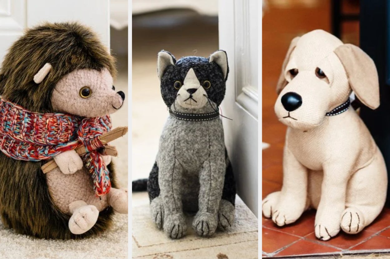 Hedgehog shaped doorstop, cat-shaped doorstop, and dog-shaped doorstop holding open doors