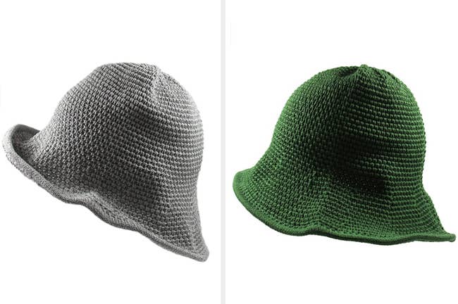 Side-by-side of gray crochet hat with edges folded and product in green with edges straight