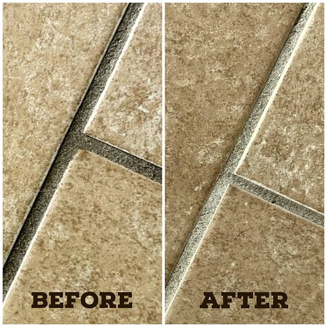 reviewer photo of dark gray tile grout that's actually light tan after it's cleaned