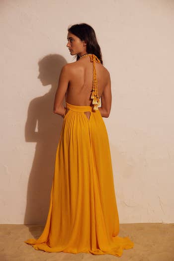 Person wearing a backless, flowing gown with braided tassel ties, standing against a textured background