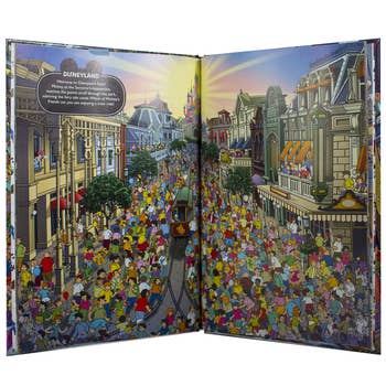 an inside spread of the book depicting main street in disneyland