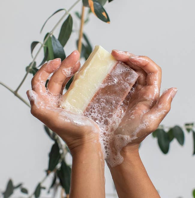 a model holding the two-toned, sudsy soap bar 