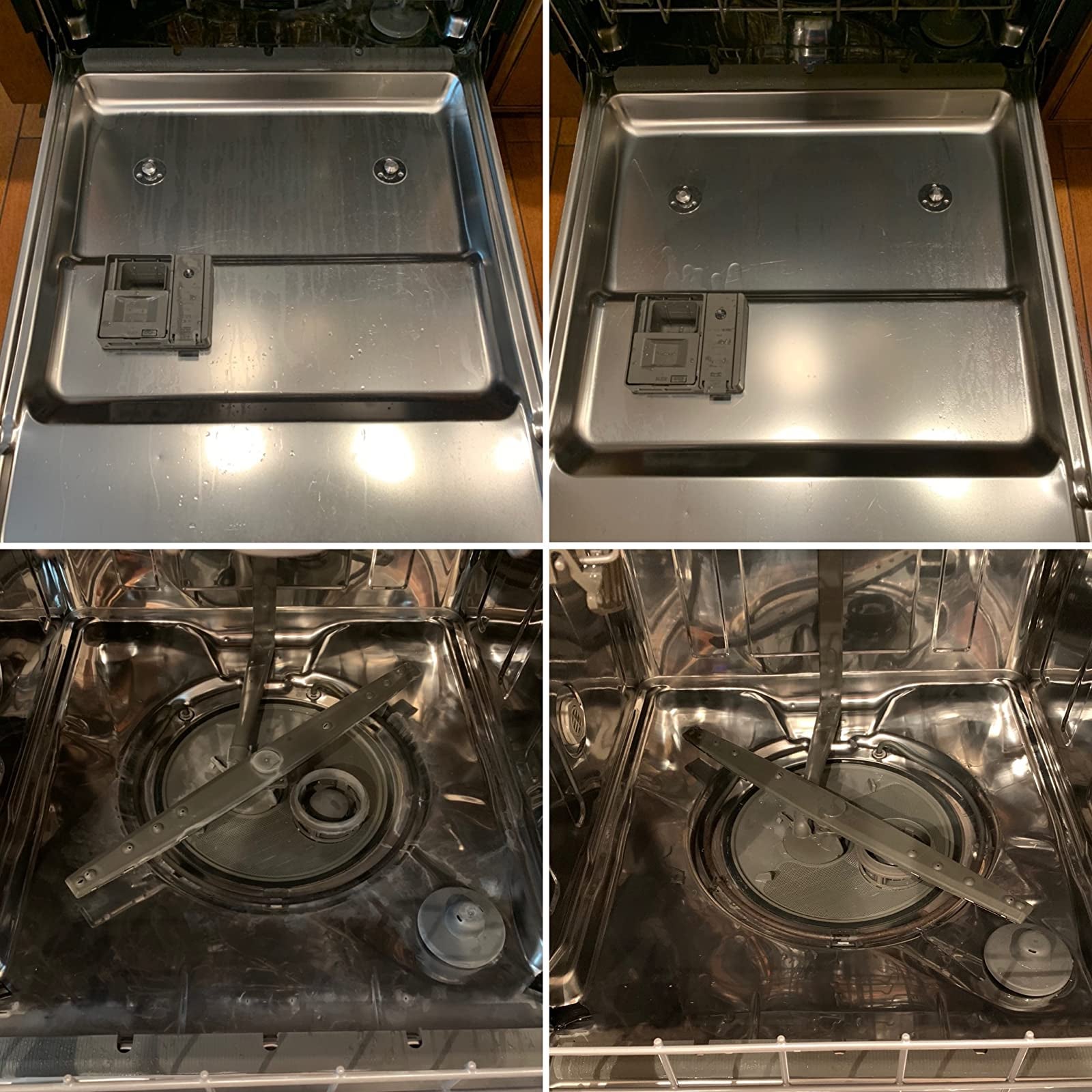Reviewer image of the door and inside of a dishwasher before and after being cleaned with the product
