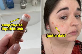 a broadside  by broadside  representation  of tarte liquid blush and a buzzfeed exertion   dabbing it connected  their face