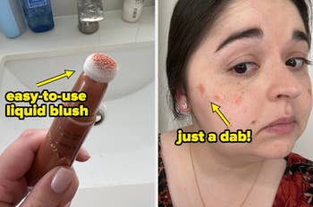 a side by side image of tarte liquid blush and a buzzfeed editor dabbing it on their face