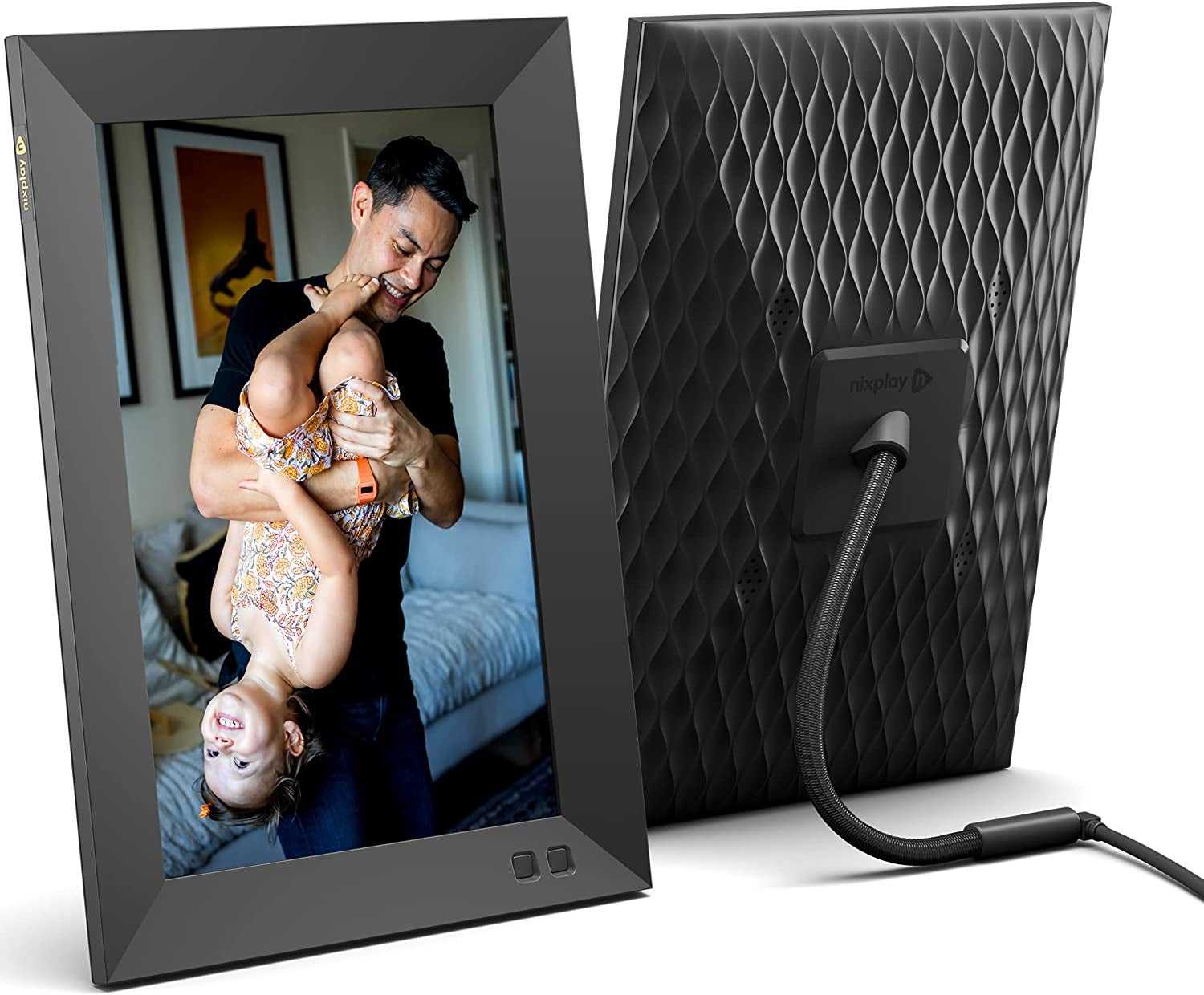 front and back of the digital frame displaying a photo