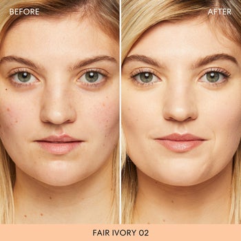 before pic of model without foundation and after with full coverage and smooth skin
