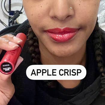 reviewer with apple crisp shade on lips
