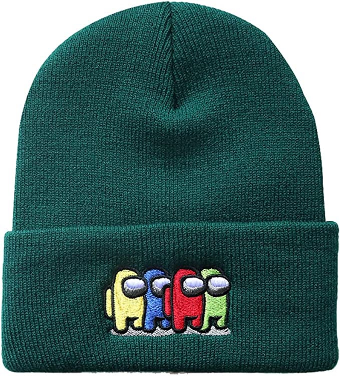 a dark green beanie with four among us characters on it