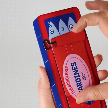 Gif of hand pulling down lid of sardine bookmark