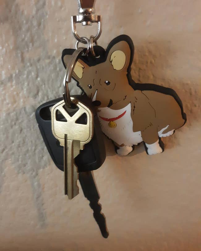 rubber corgi keychain on keys