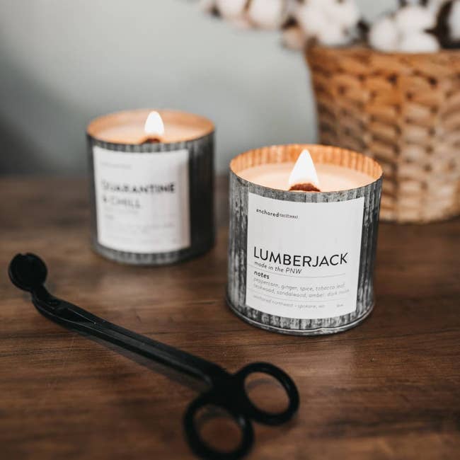 a candle that reads lumberjack