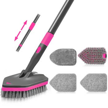 Adjustable cleaning brushwood with interchangeable bristle and scrub pad heads, designed for versatile location cleaning tasks