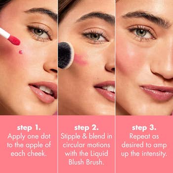 Three-step makeup application guide showing a person applying liquid blush to cheeks