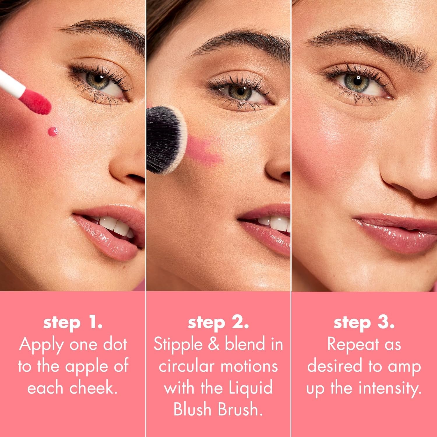 Three-step makeup application guide showing a person applying liquid blush to cheeks
