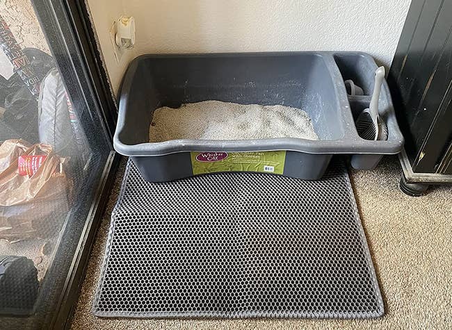 a reviewer photo of a litter box sitting on a gray honeycomb mat 
