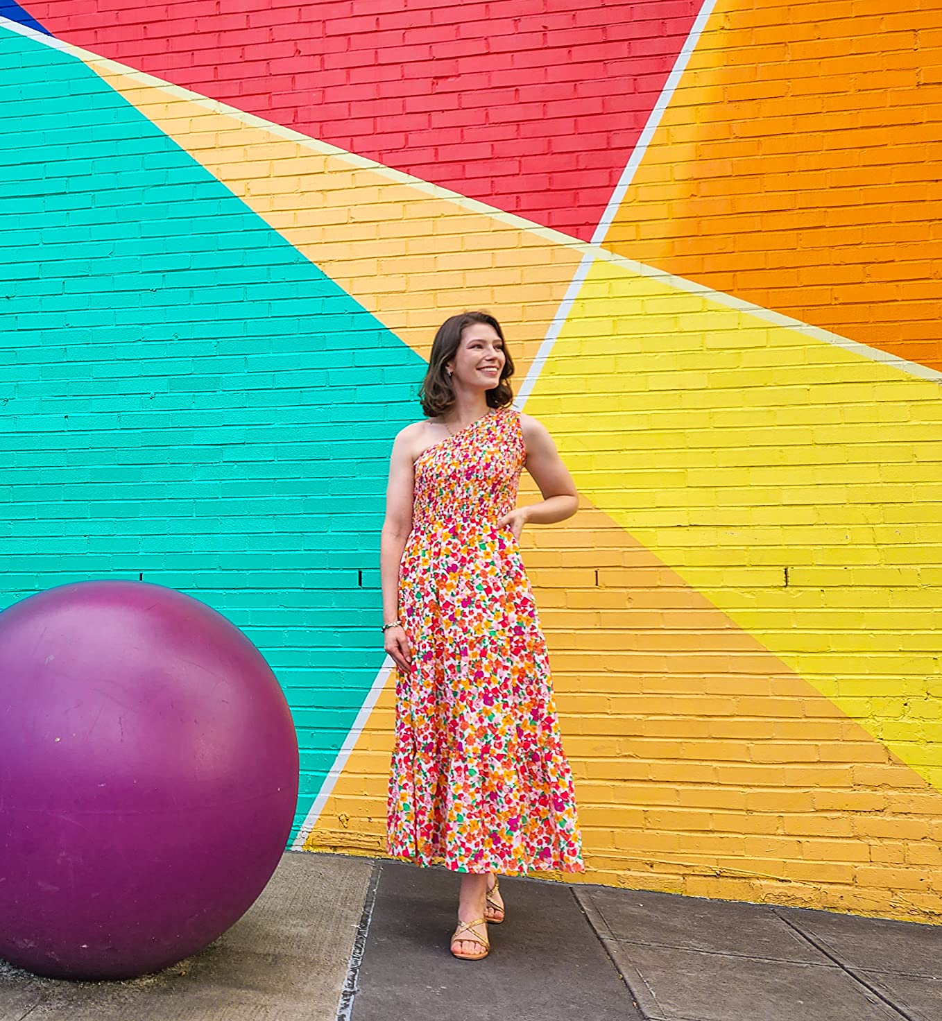reviewer in multicolor floral midi dress