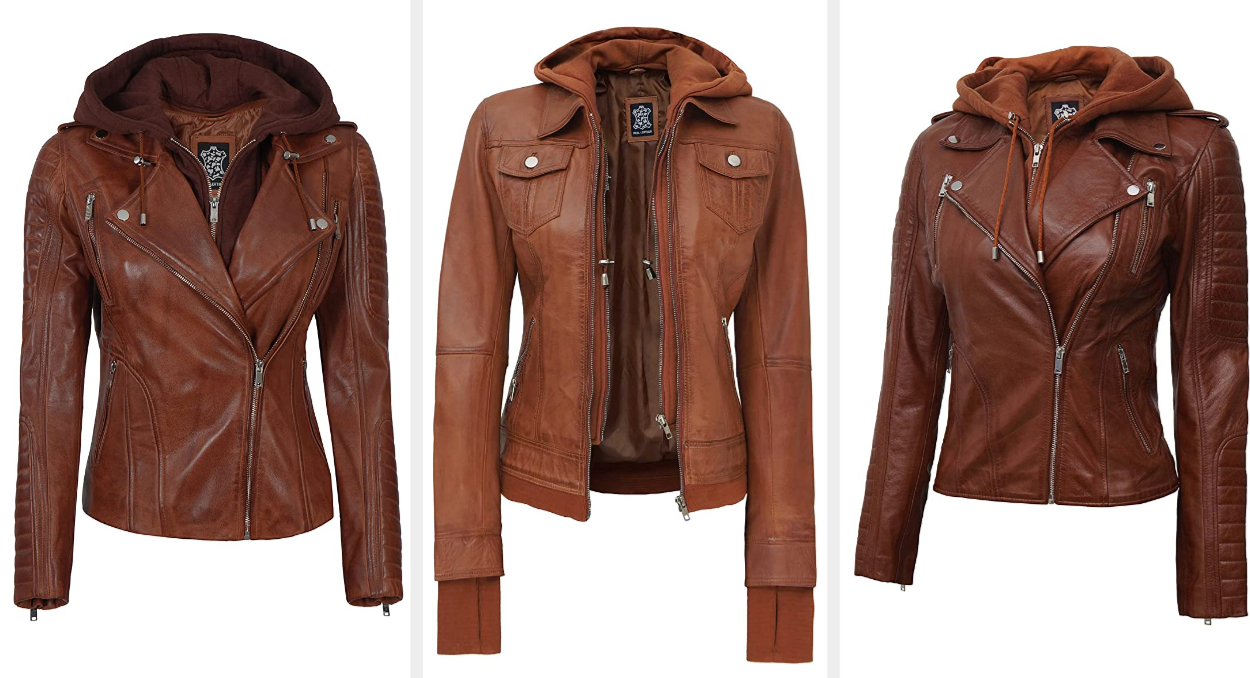 Three images of brown leather jackets
