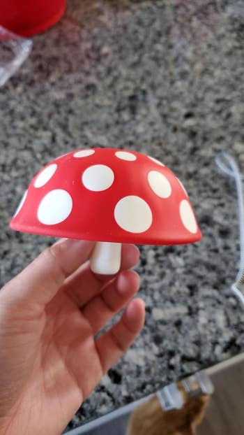 reviewer holding red and white mushroom cap funnel tool
