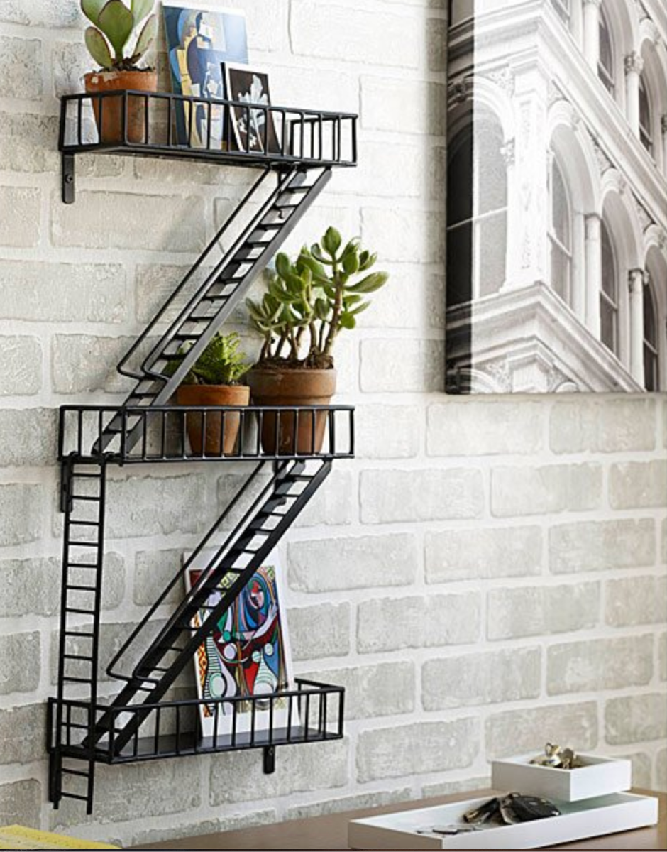 wall shelves made to look like a city building fire escape