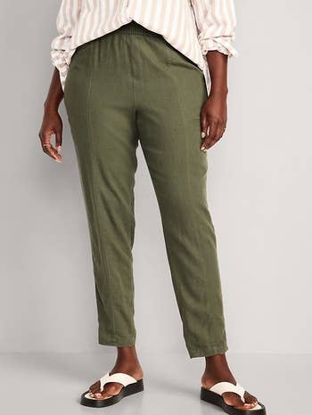 front view of model wearing the olive pants