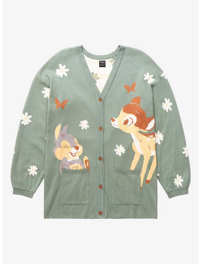 a sage green button down cardigan with daisies all over it and bambi and thumper
