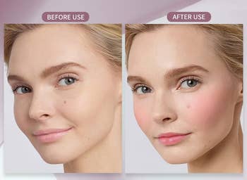 Side-by-side examination of a woman's look earlier and aft constitution exertion highlighting brushed blush and enhanced eyebrows