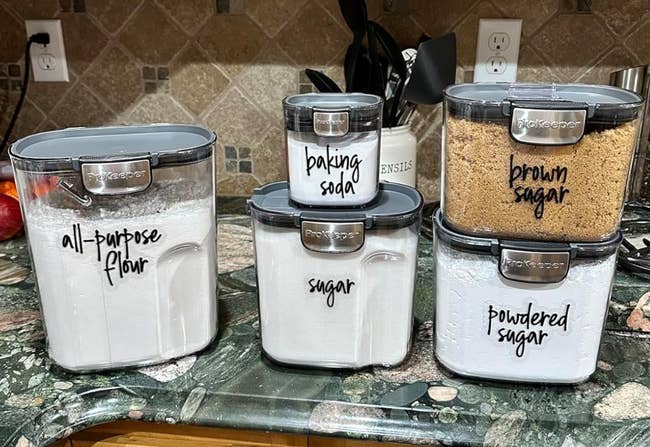 a reviewer's five labeled containers on a counter storing baking ingredients like flour and sugar