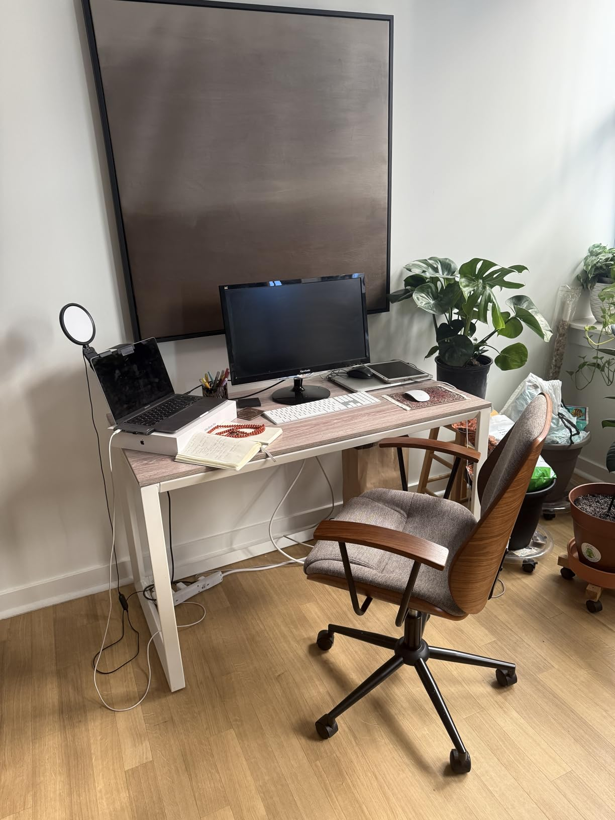 Home bureau   setup with a computer, laptop, and accessories connected  a desk; a seat  and plants adhd  a cozy, productive vibe