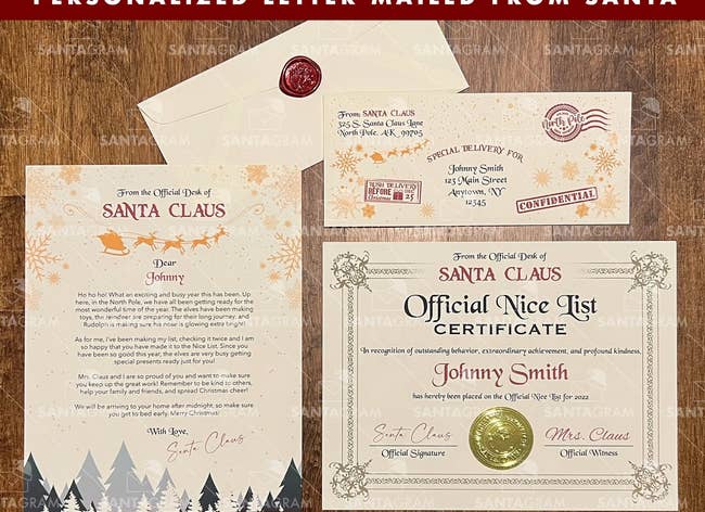 A nice list certificate, envelope addressed to child and a personalized letter from Santa