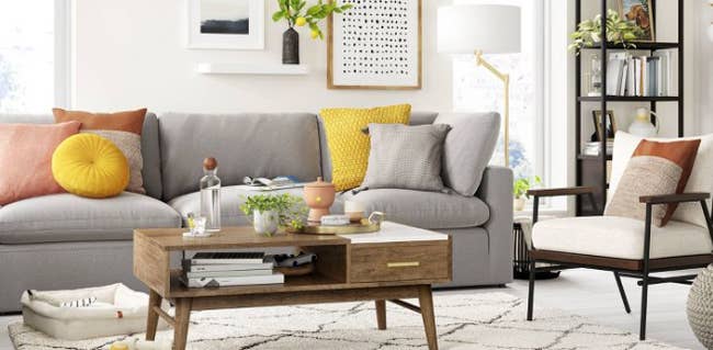 modular sofa in living room in grey