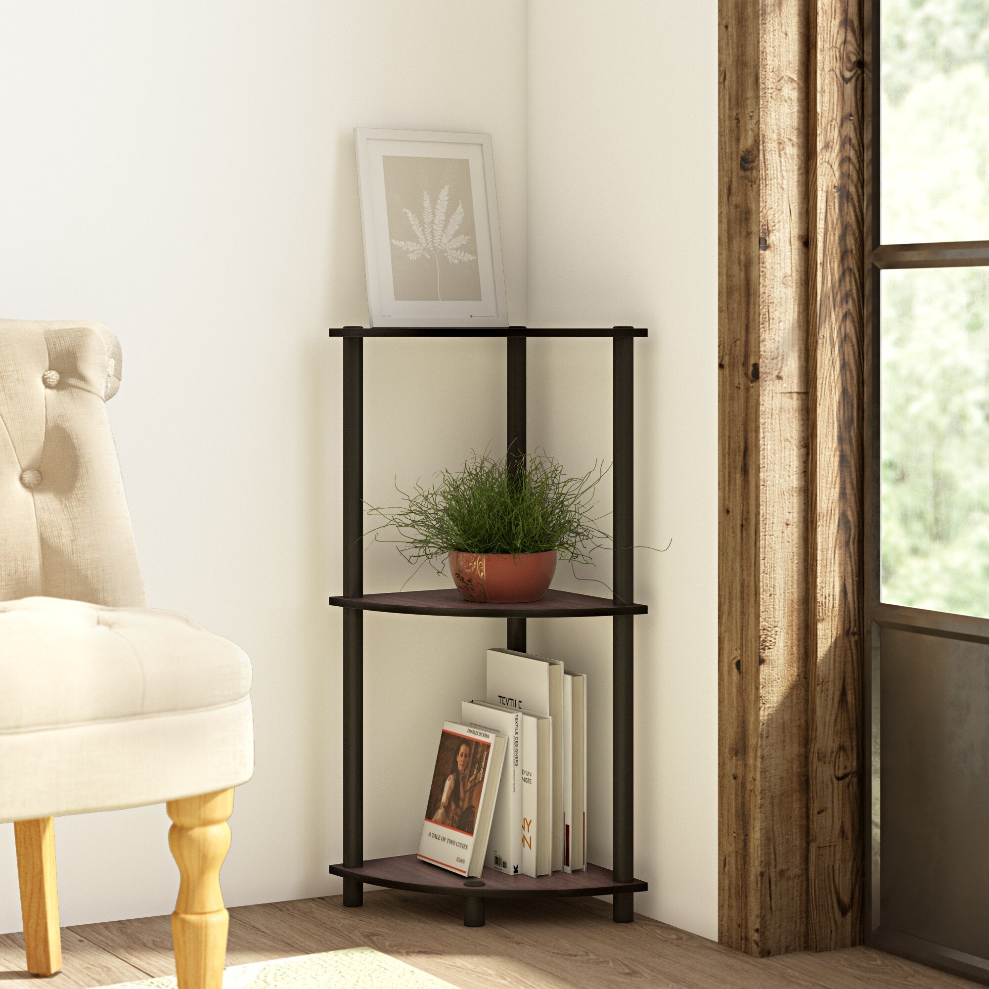 Black and brown three-tier corner shelf with plant and books on display next to tufted chair and window