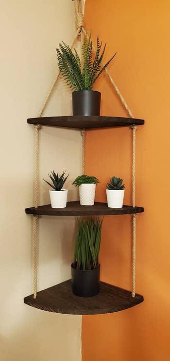 Reviewer image of three tier boho-inspired corner shelf with plants